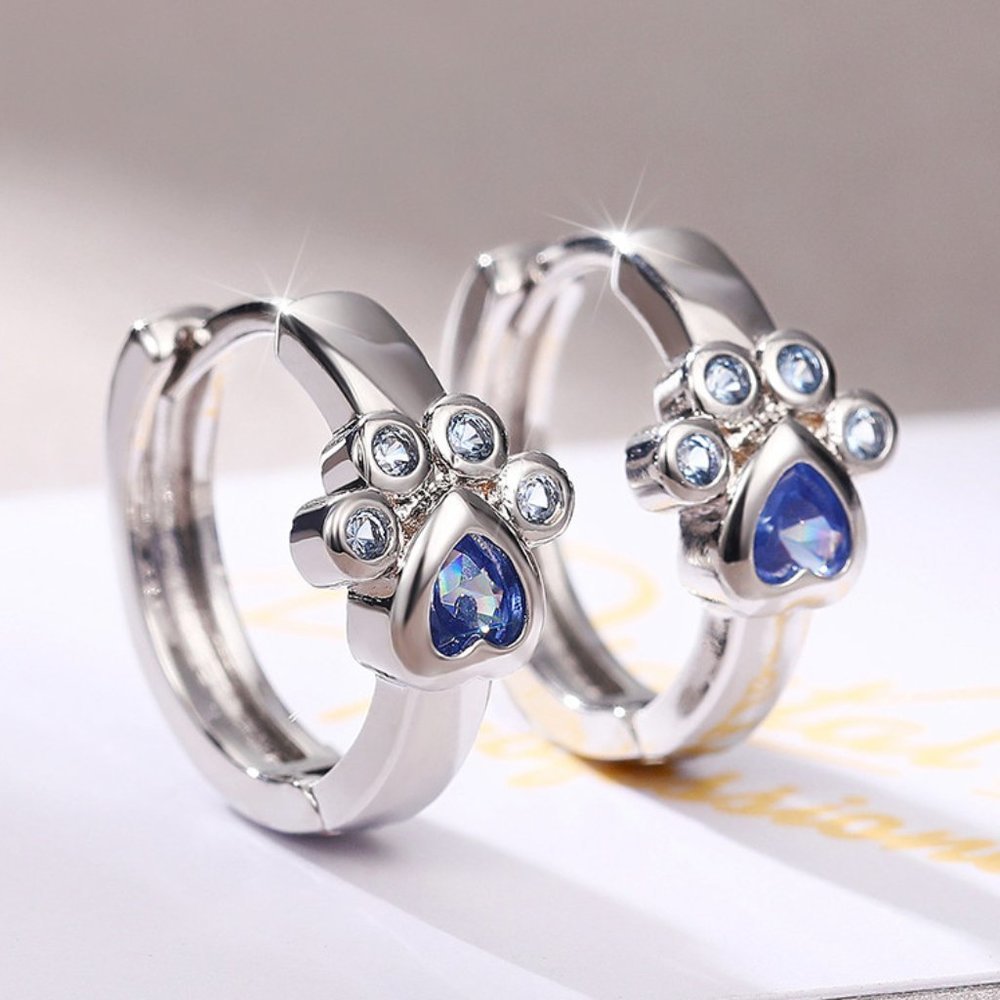 🎁 Blue Crystal CZ Paw Earrings for Women Silver Plated Earrings, HA4507
